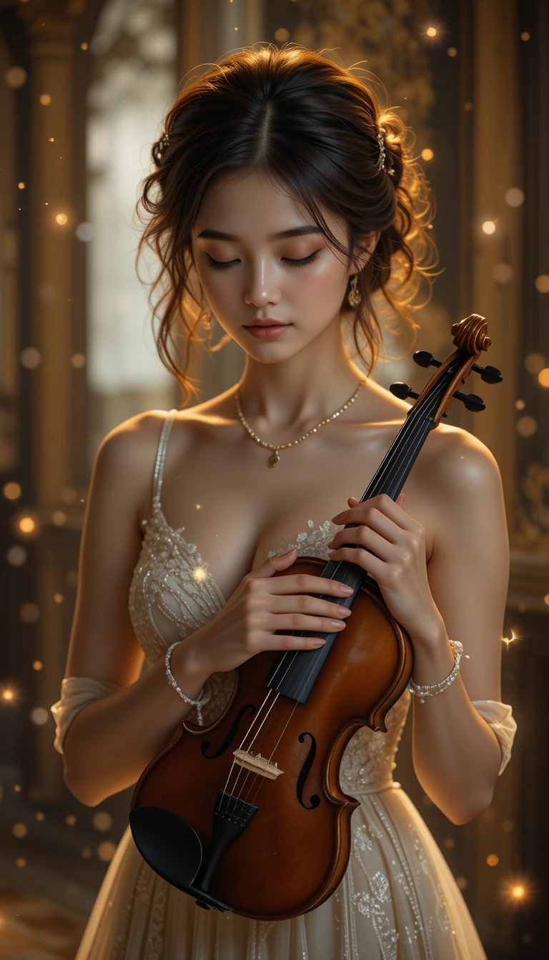 夢幻金色氛圍中的年輕小提琴女子