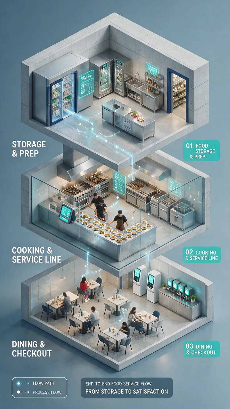 Isometric cutaway of a multi level commercial kitchen facility