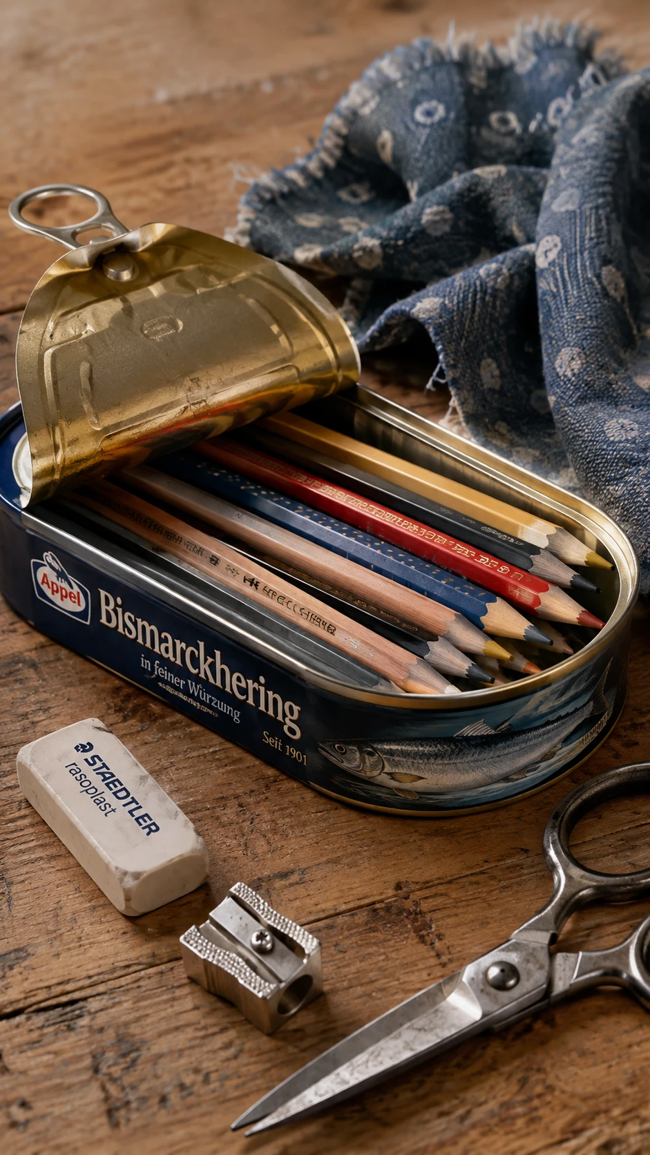 Pickled fish in a butter dish turned into a quirky pencil holder