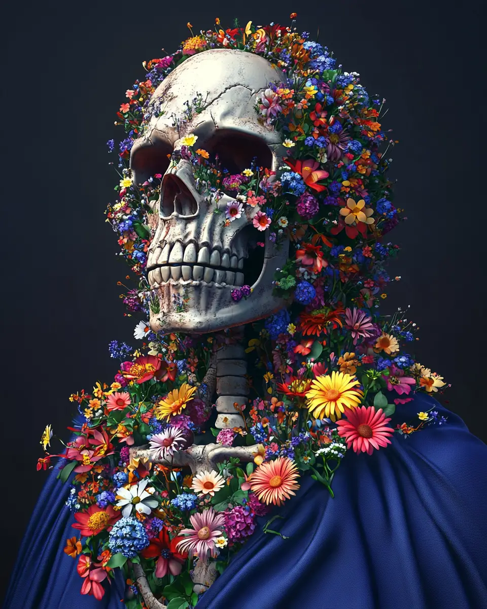 Scheletro 3D comico con fiori e mantello blu