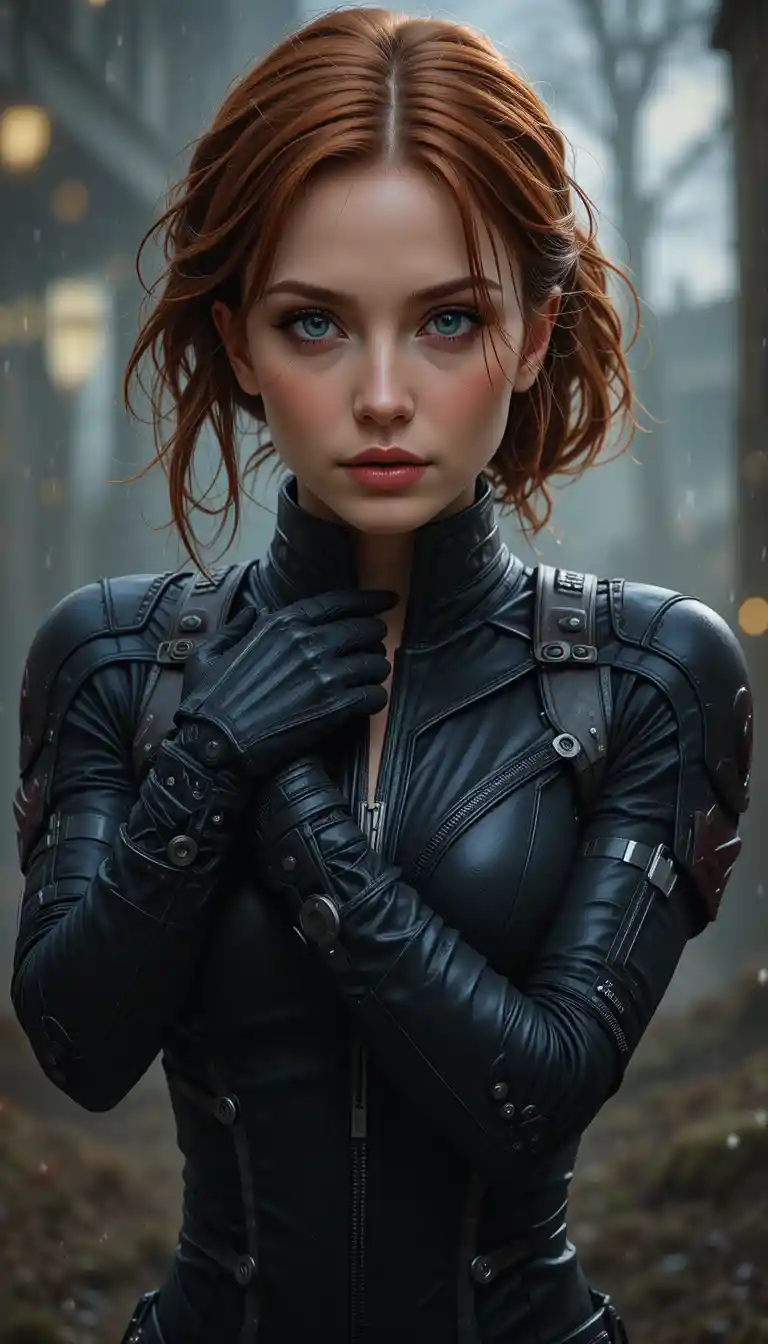 Verdorbene Frau in engem, von Black Widow inspiriertem Outfit