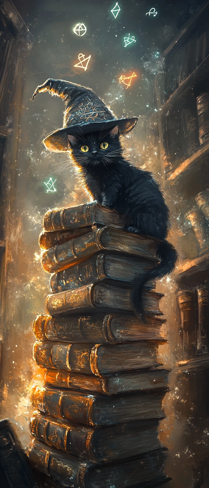 神秘圖書館中坐在古老魔典上的黑色魔法貓