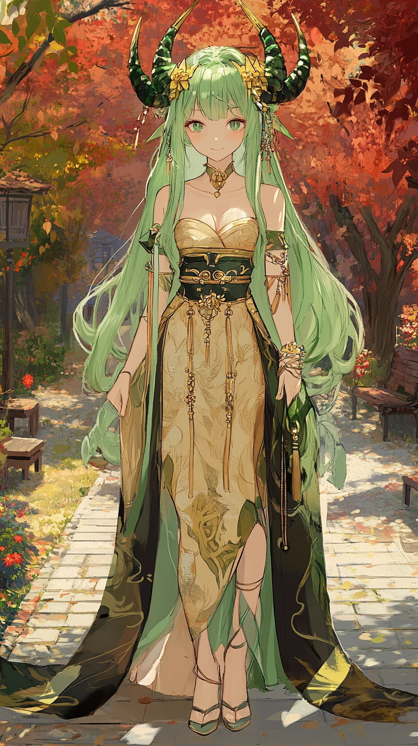 身穿優雅金色禮服的綠髮動畫龍娘