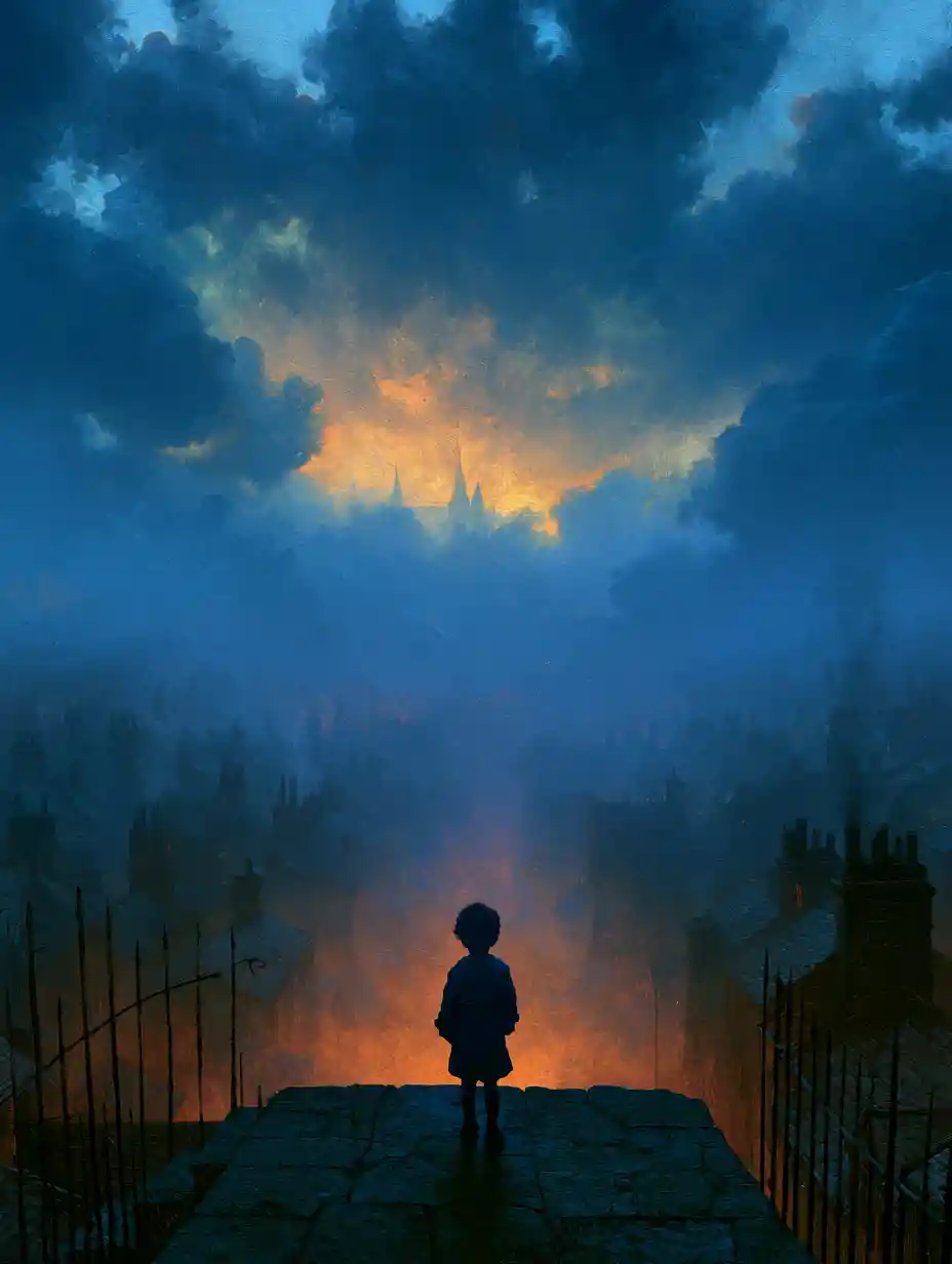 Surreal oil painted soulscape in deep indigo and warm hues