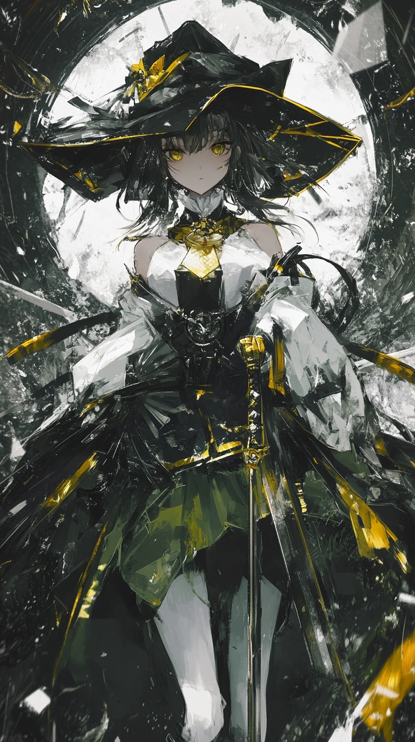 華麗綠色服裝與武士刀的動漫女戰士