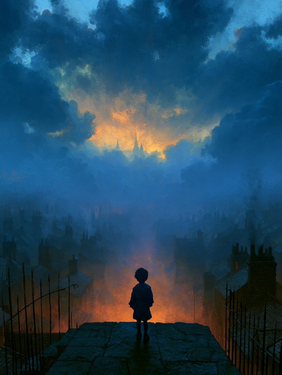 Surreal oil painted soulscape in deep indigo and warm hues