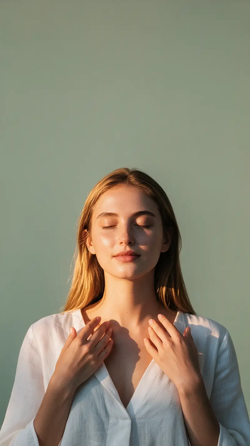 Peaceful young woman in minimalist wellness portrait