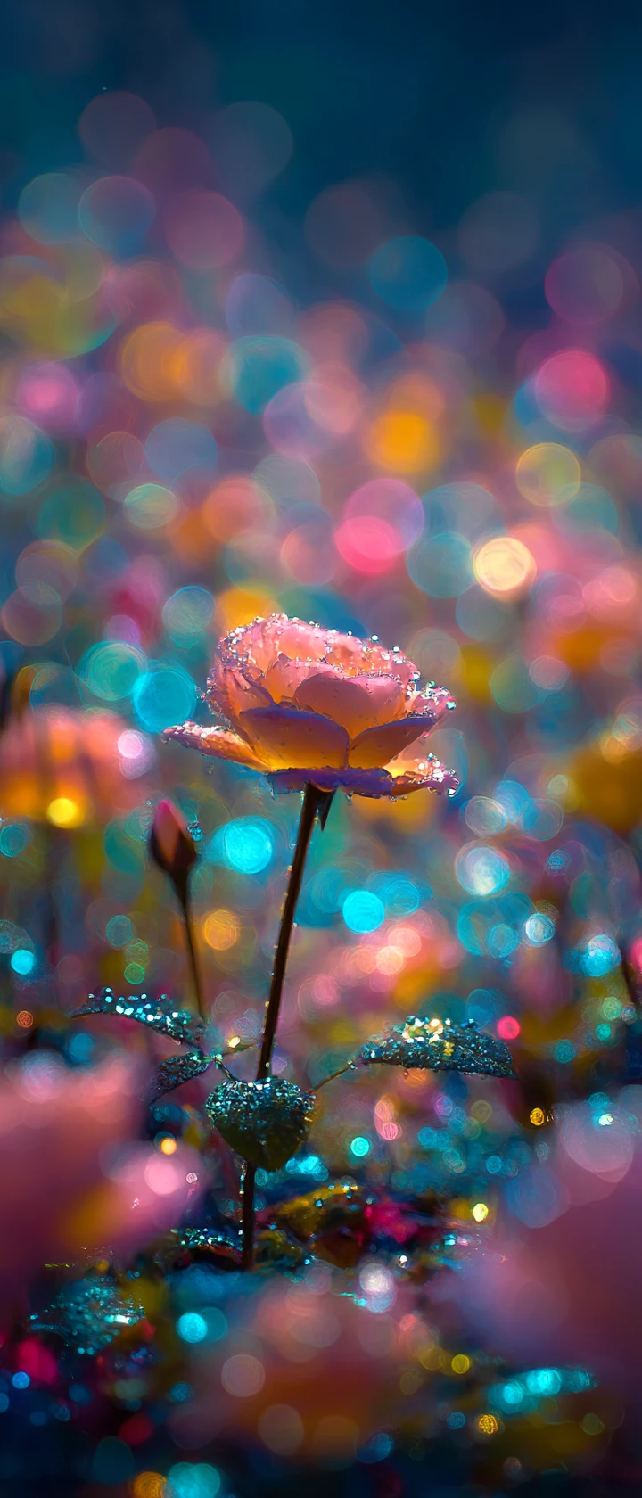 發光生物螢光花海中的玫瑰特寫