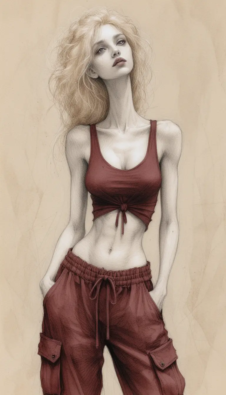 憂鬱女子與細長身形的哥德風炭筆插畫
