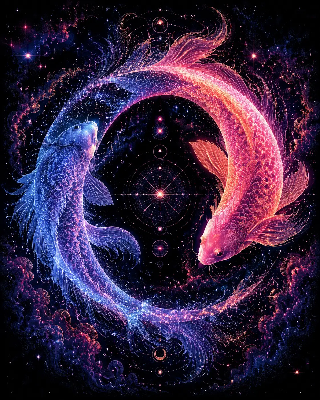 在新月幻象中穿梭的發光錦鯉