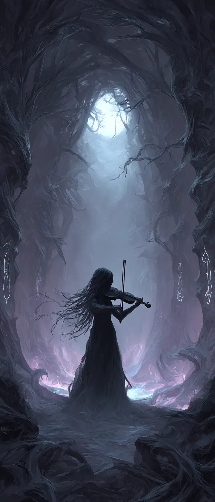 Figura en un bosque encantado tocando un violín espectral de noche