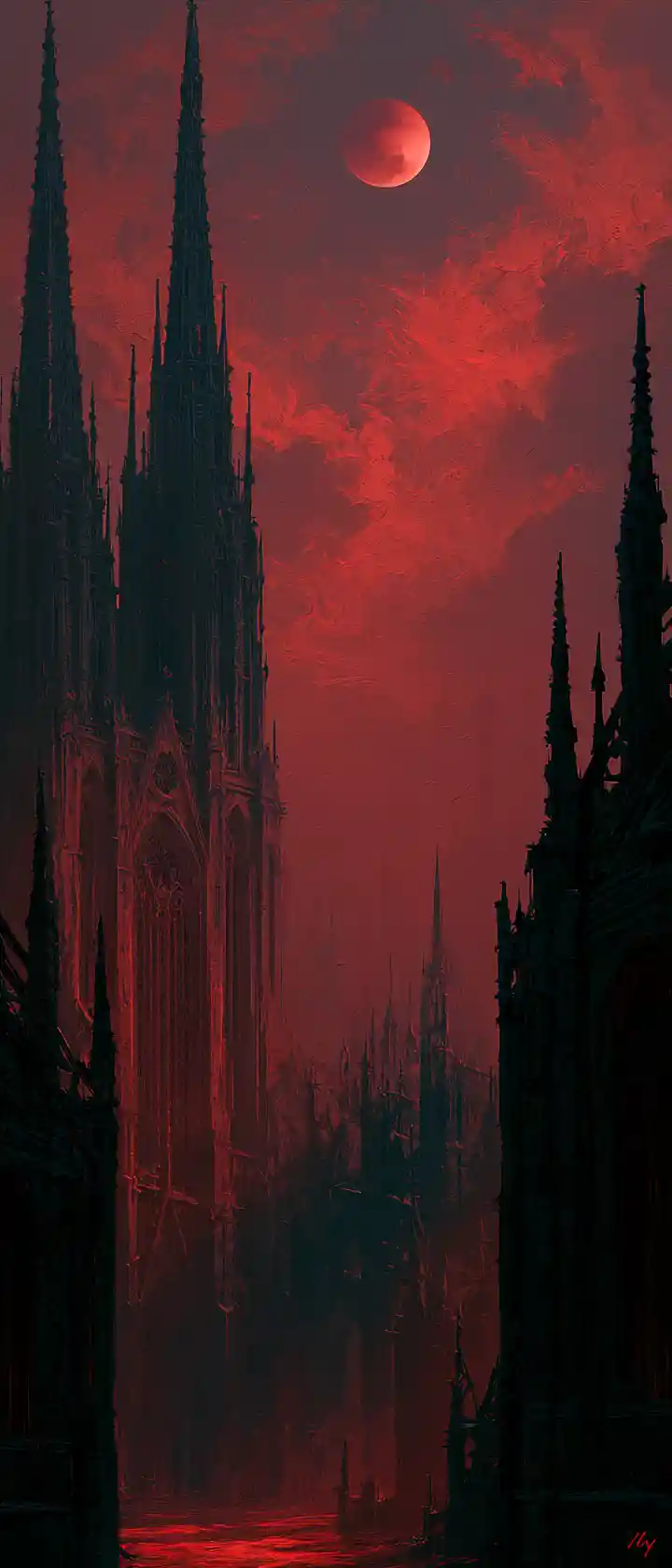 Lunar Eclipse Over A Gothic Cathedral In Red Moonlight