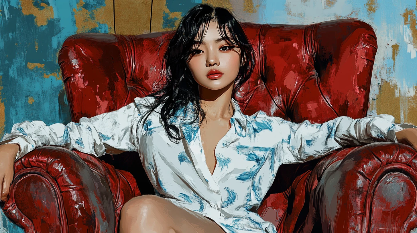 蜷縮在紅色皮革扶手椅上的泰國女子 數位插畫