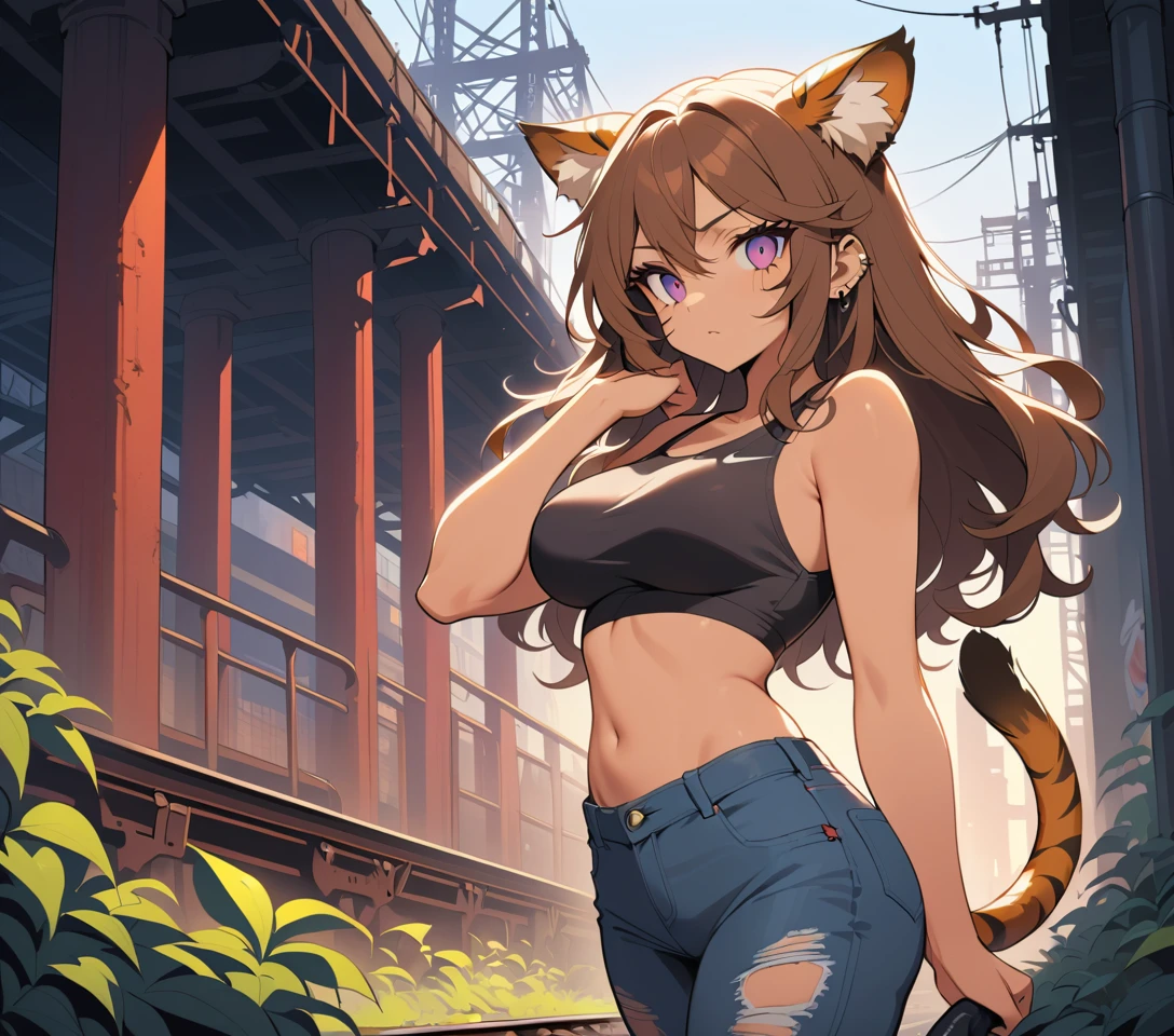 在荒廢都市鐵道上行走的貓科擬人女子