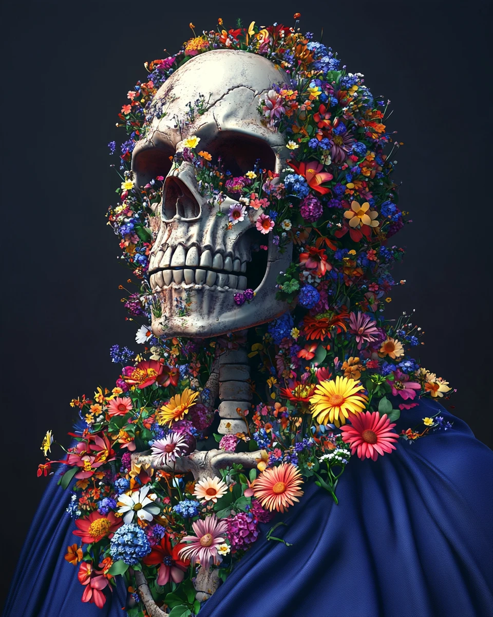 帶著花朵與藍色披風的漫畫風3D骷髏