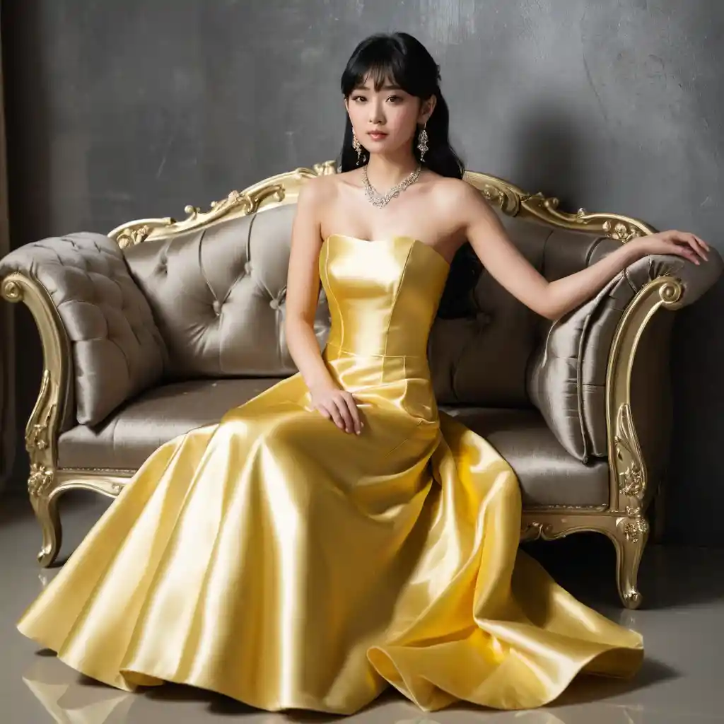 穿著金色緞面無肩帶禮服的優雅日本女子