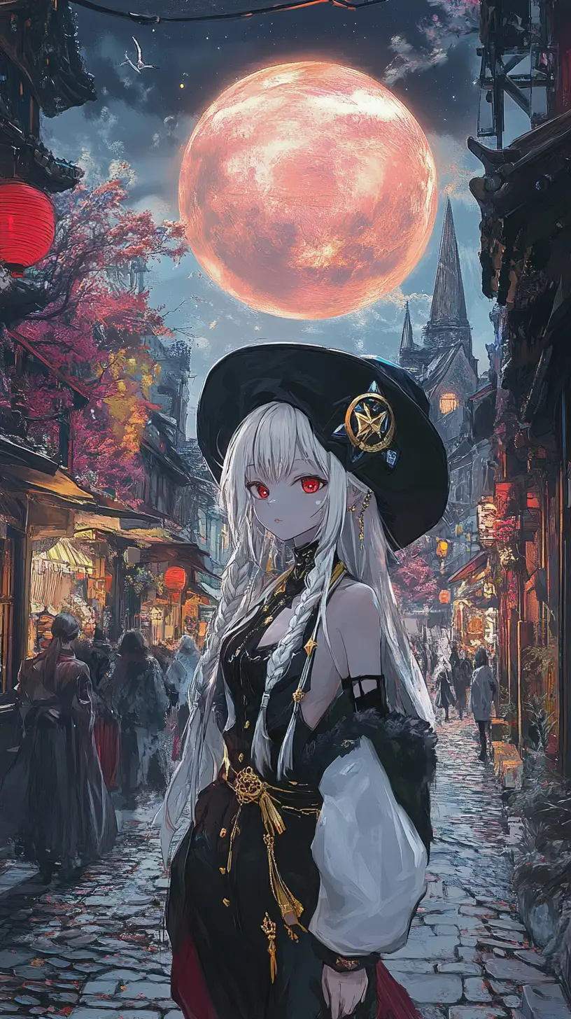 月光照耀下的奇幻城市街頭嘉年華人群