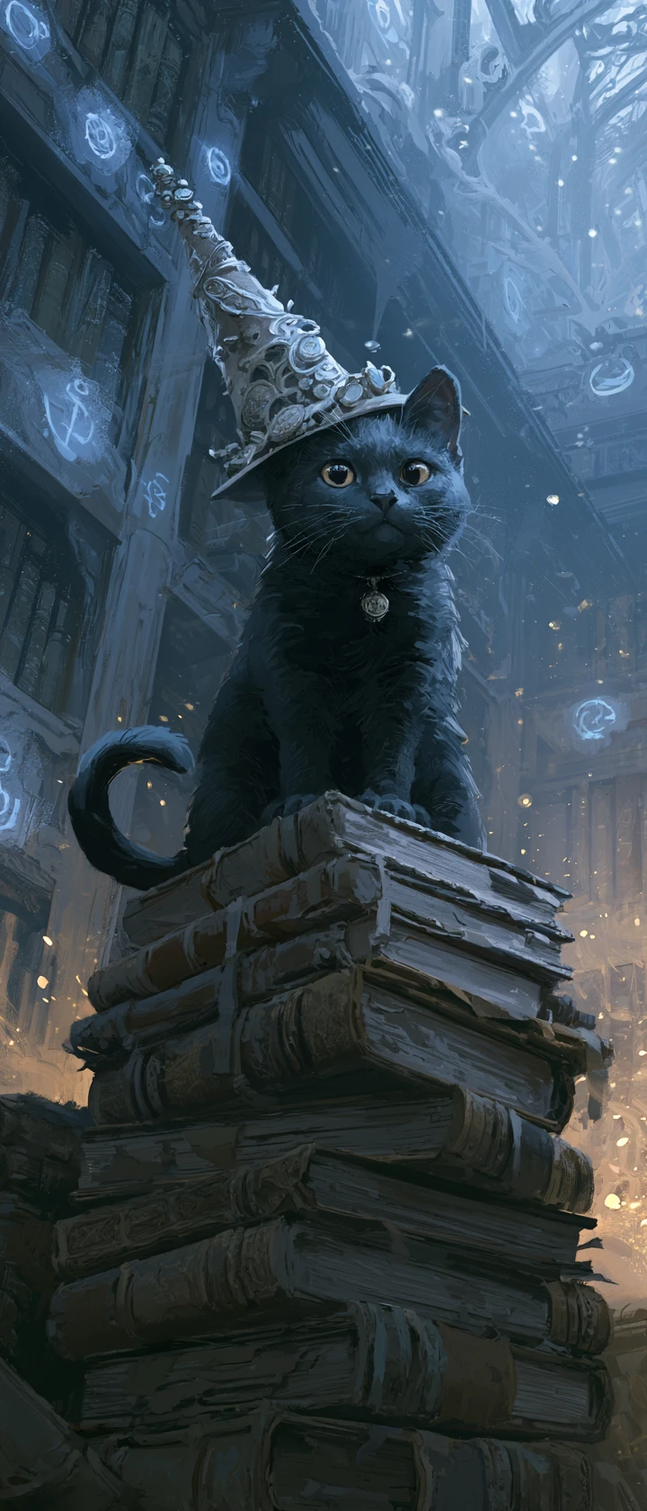 Mischievous black cat wizard in a glowing magic library