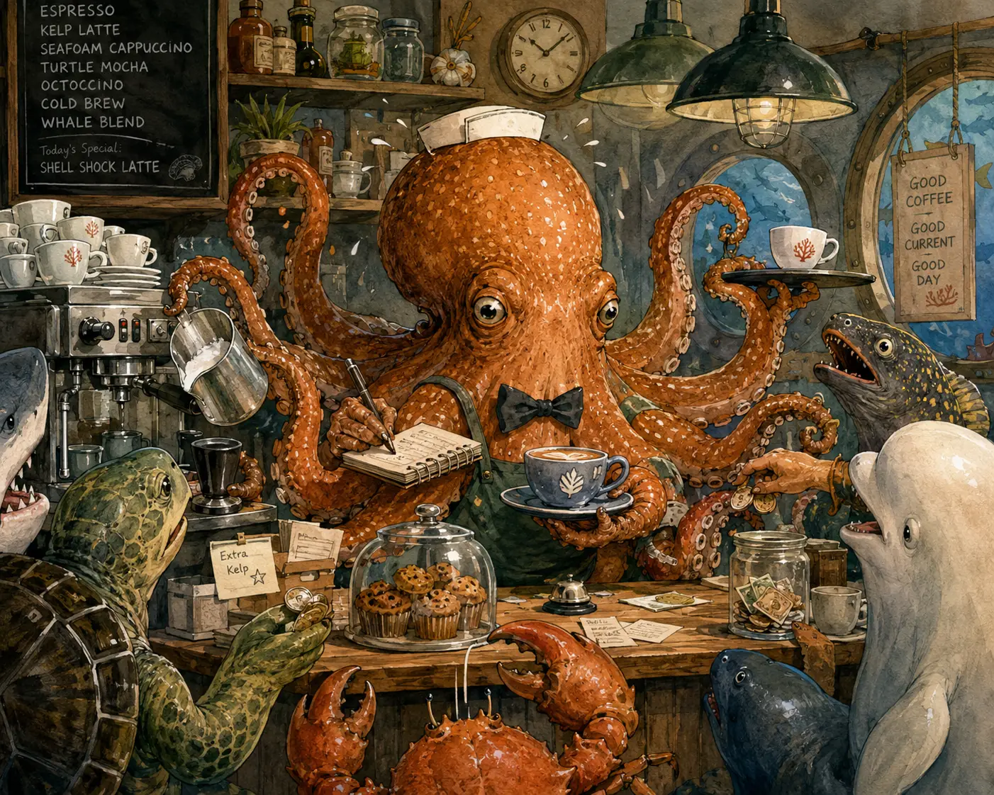 Octopus barista juggling tasks in a busy underwater cafe