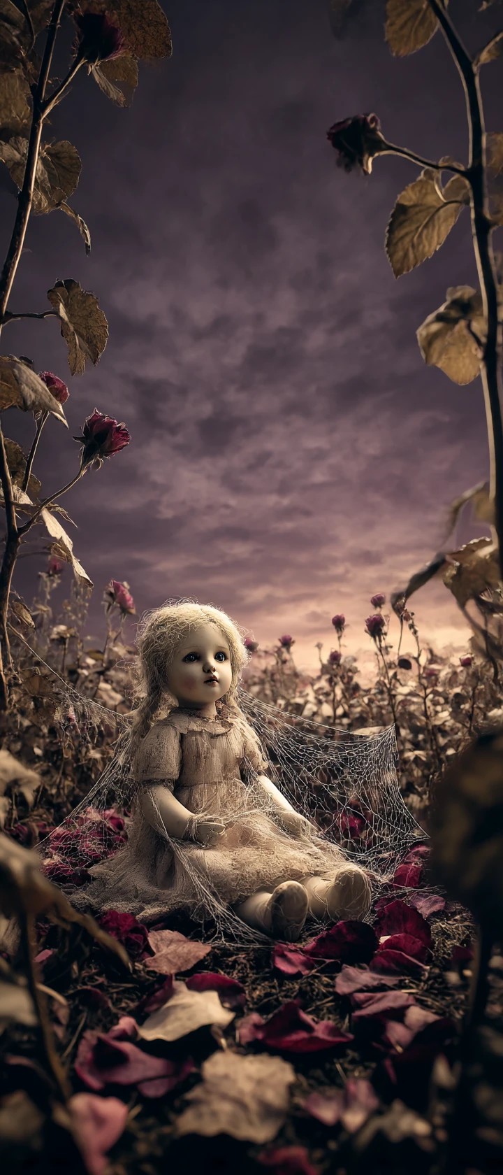 Porcelain doll among wilting roses under a stormy sky