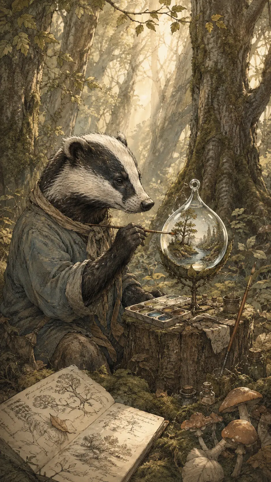 在森林露珠上描繪微型風景的獾