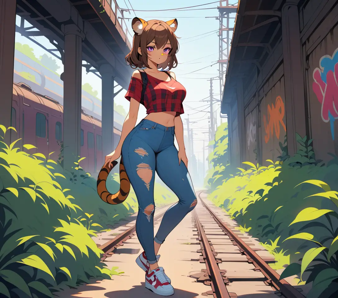 Mulher com orelhas de tigre em ferrovia abandonada no cenário urbano em decadência
