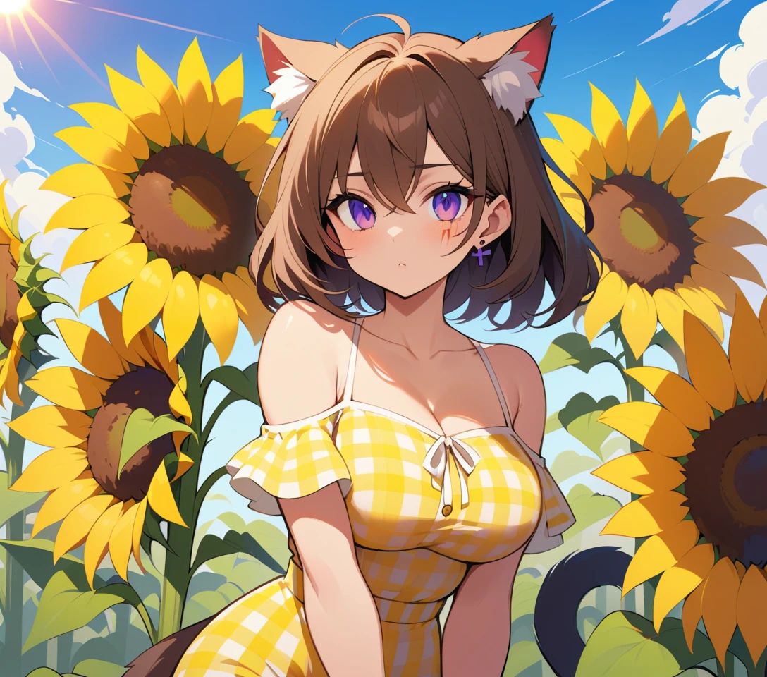 Cat eared warrior woman in a bright sunflower field