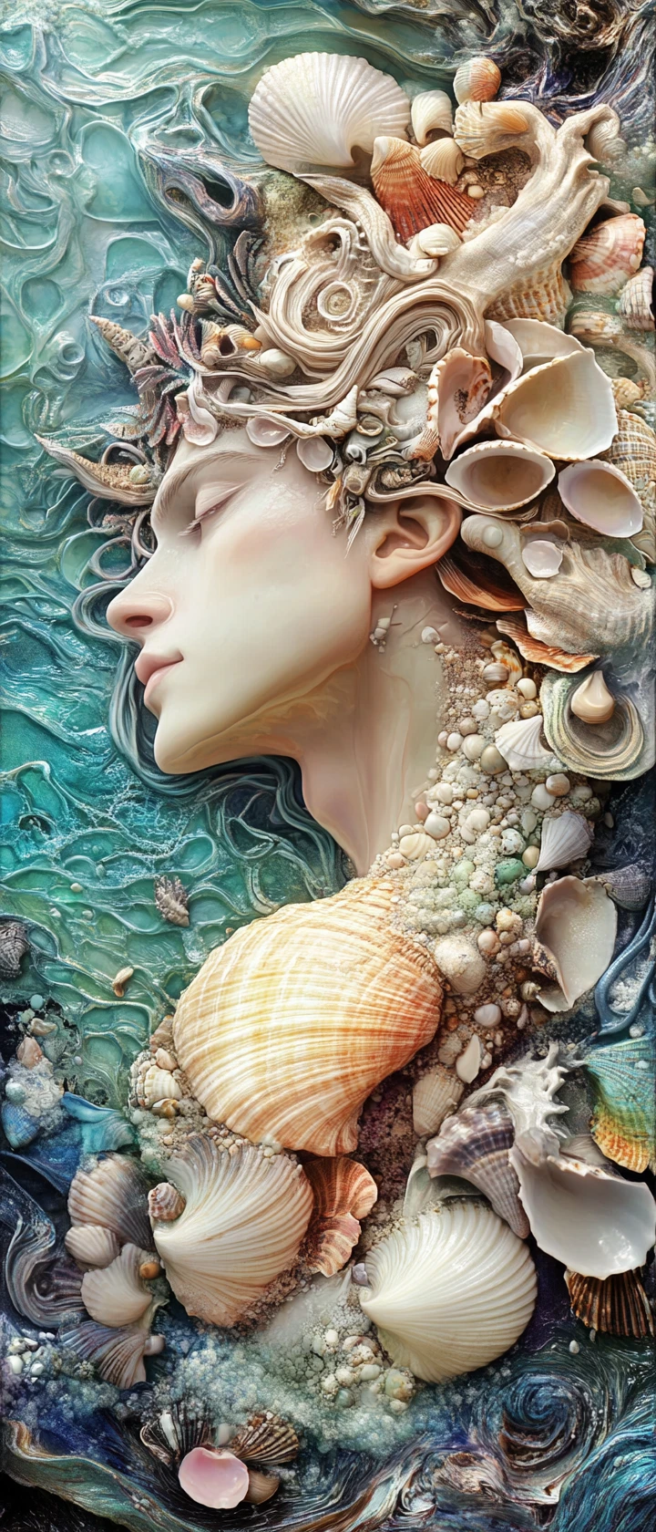 Surreales Porträt eines mächtigen Meerjungfrauenkönigs mit Muschelhaut