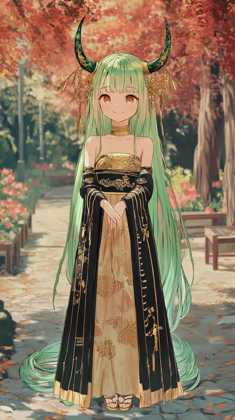 Anime dragon horned girl in a golden dress in park