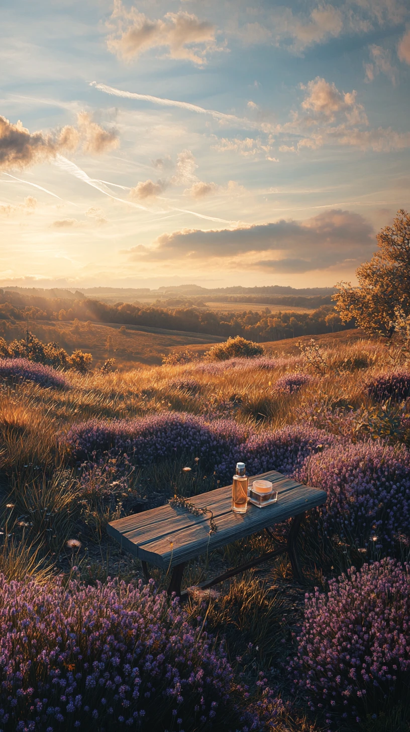 Sunlit heather hills with perfume and bench in foreground