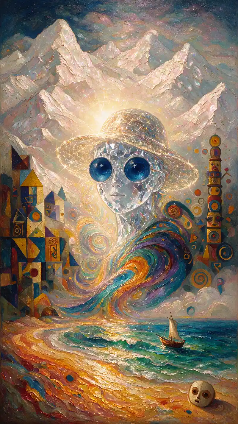 旋轉色彩中水晶少女的超現實肖像