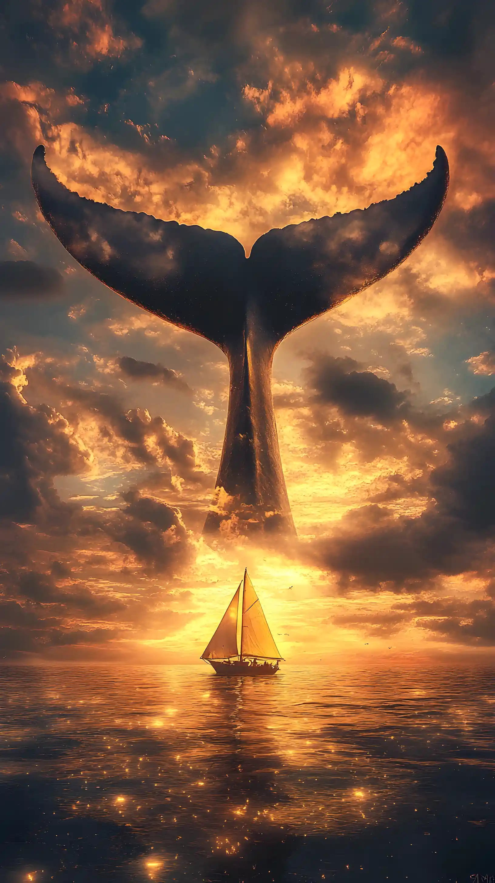 Surreal whale tail rising above stormy sunset sea