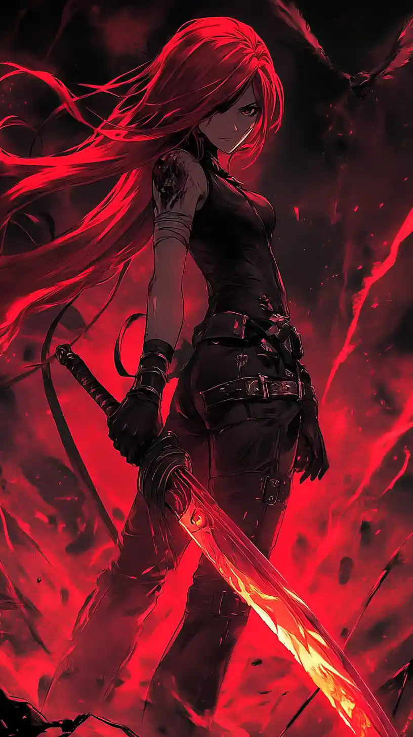 Anime girl with rune sword in a dark red world