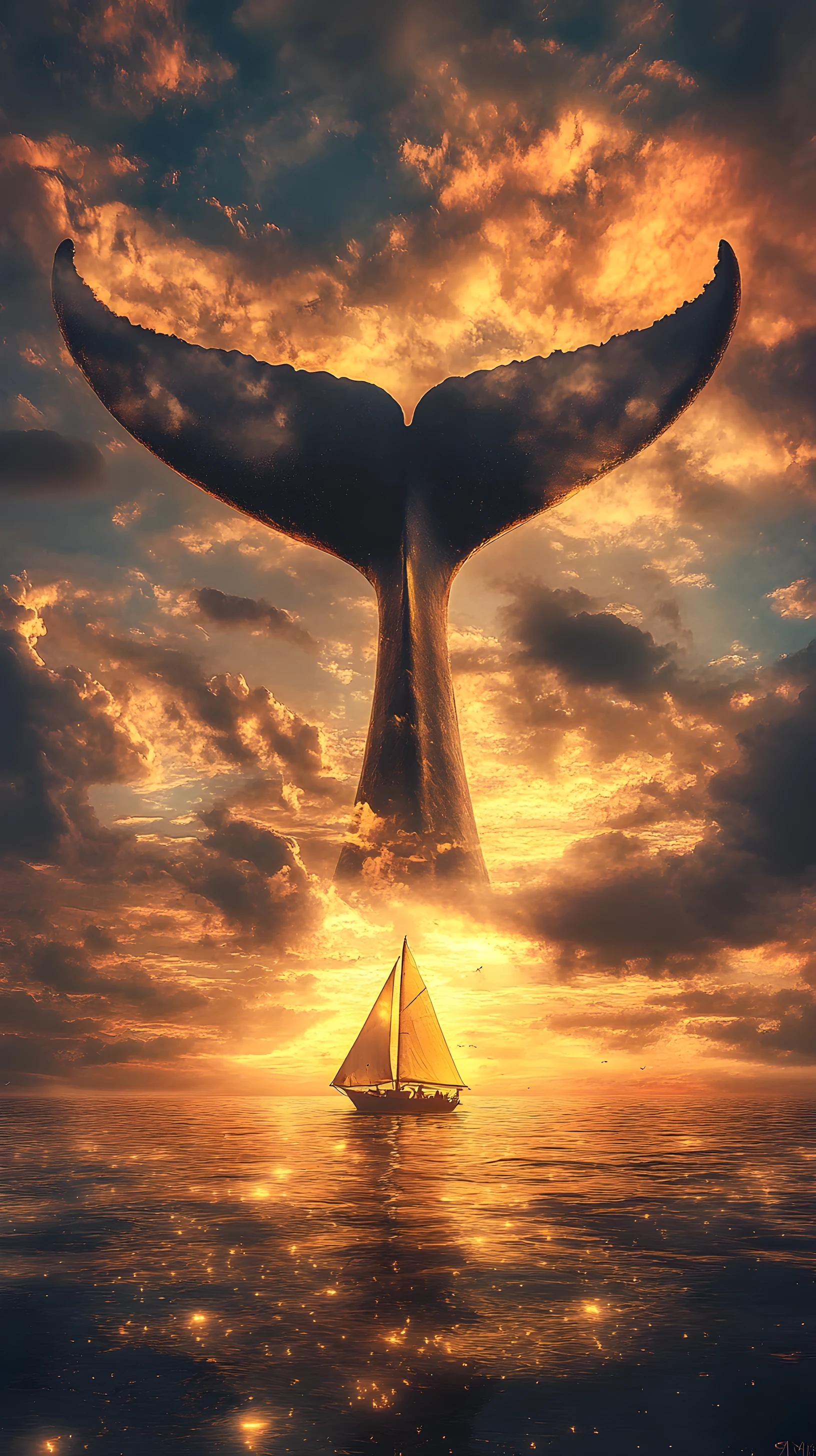 Surreal whale tail rising above stormy sunset sea