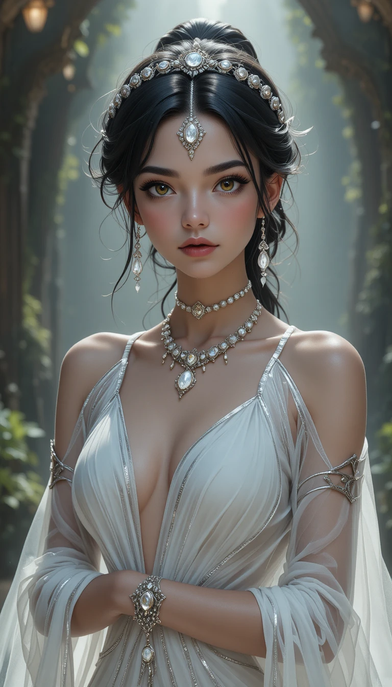 佩戴銀色王冠與長袍的優雅動漫幽靈少女