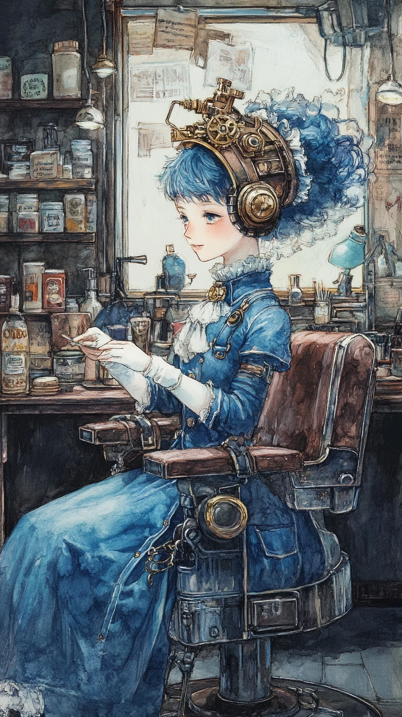 身穿藍色蒸汽龐克外套的魅力女髮型師在理髮店