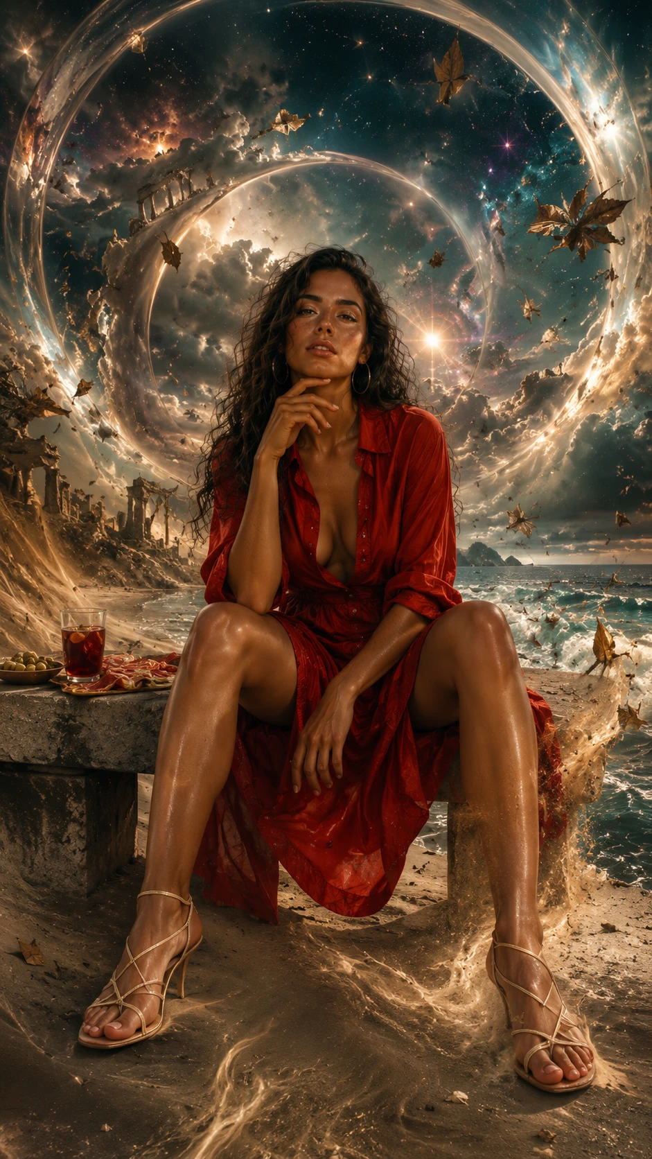 超現實夢境中石椅上的拉丁裔女子