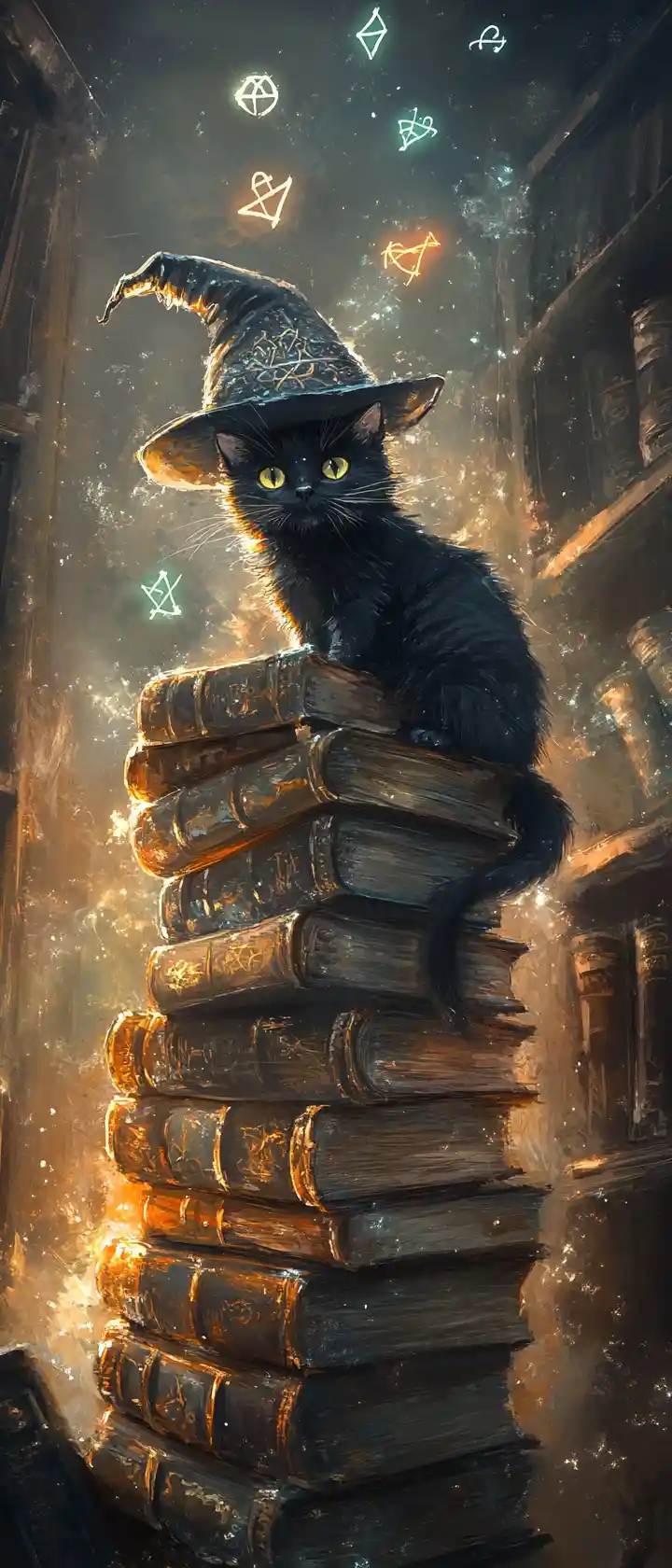 神秘圖書館中坐在古老魔典上的黑色魔法貓