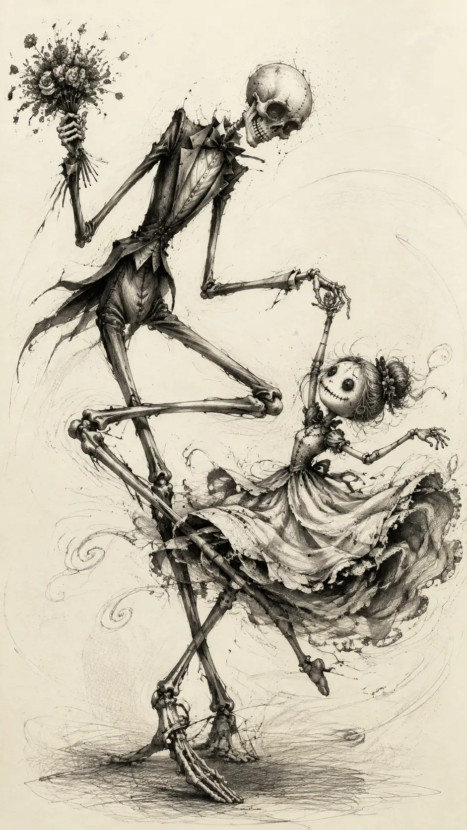 Scheletro alto che danza con minuscola bambola in una scena gotica vorticosa