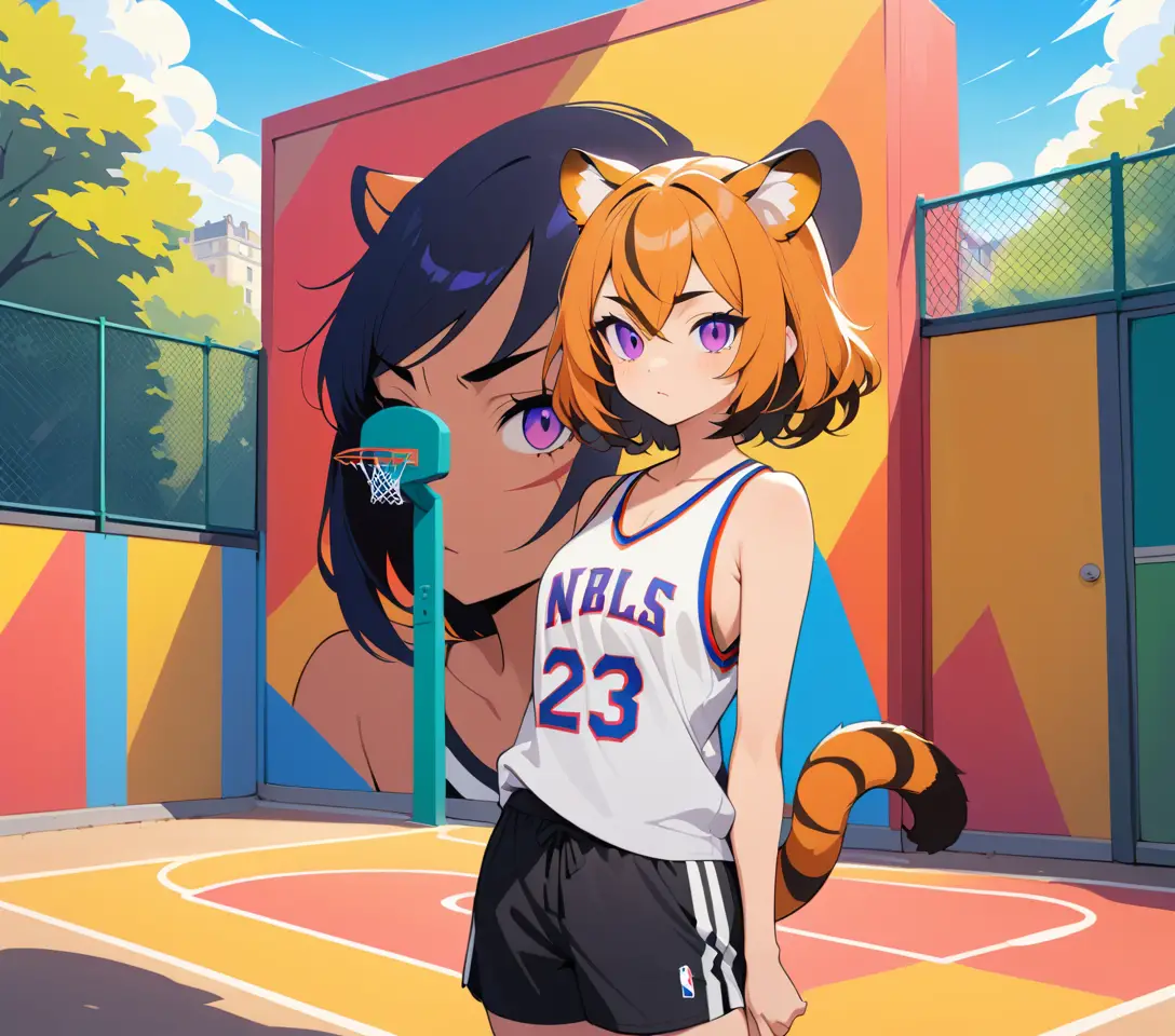 Femme aux oreilles de tigre en maillot NBA sur un terrain à Paris