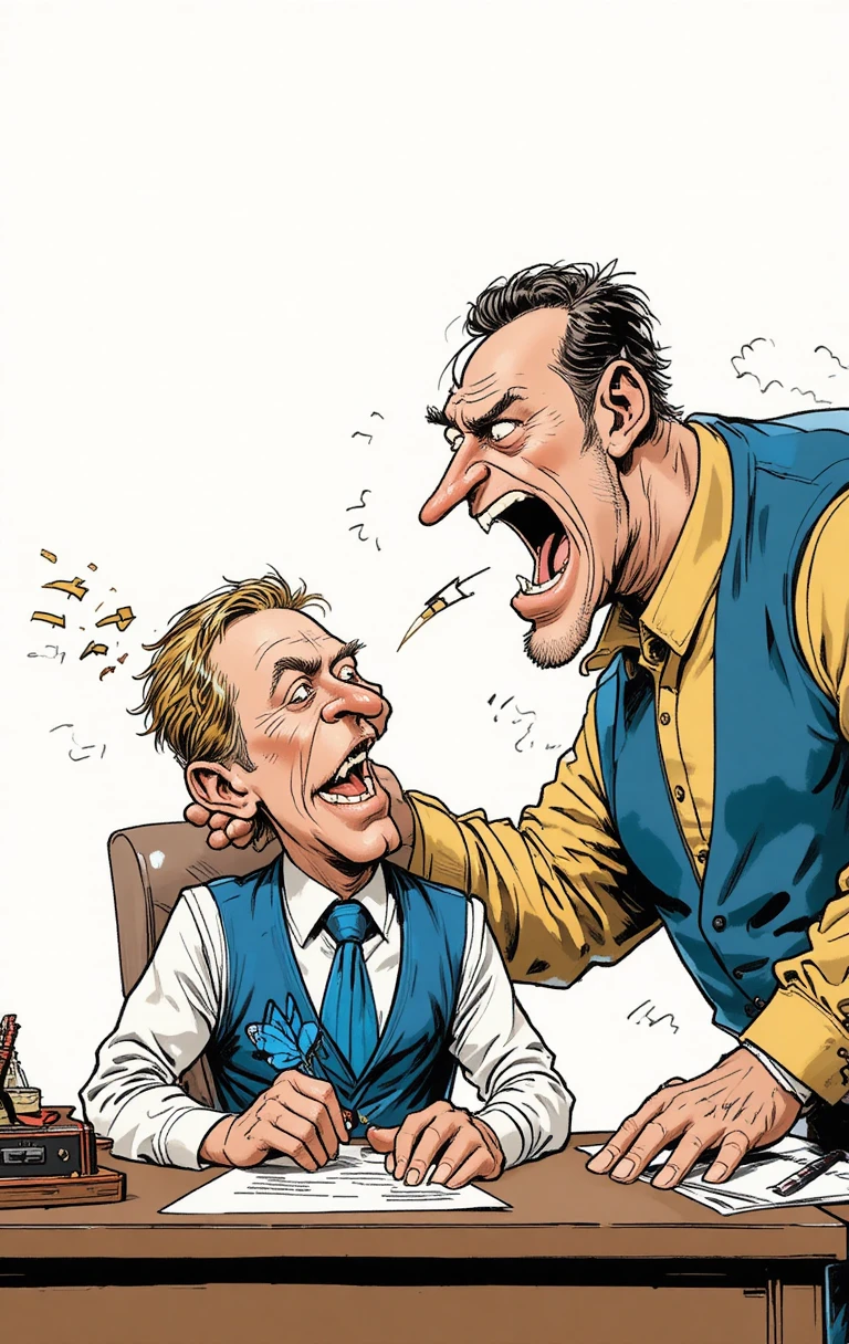 Capo arrabbiato che urla a un impiegato ansioso in fumetto a linea chiara