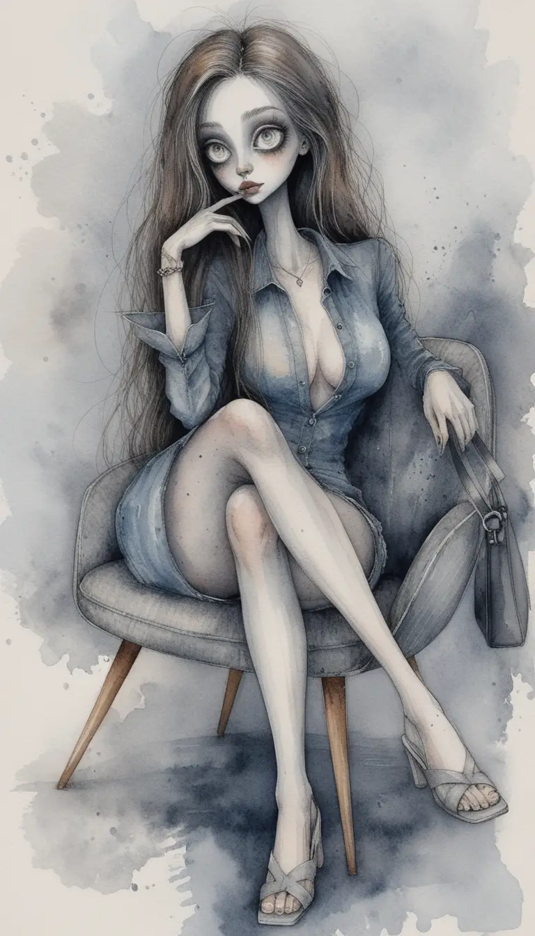 現代扶手椅中女子的情緒墨水插畫