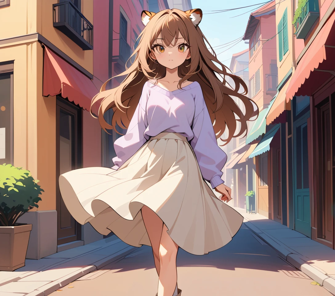 陽光城市街道上的自信粉彩風女子