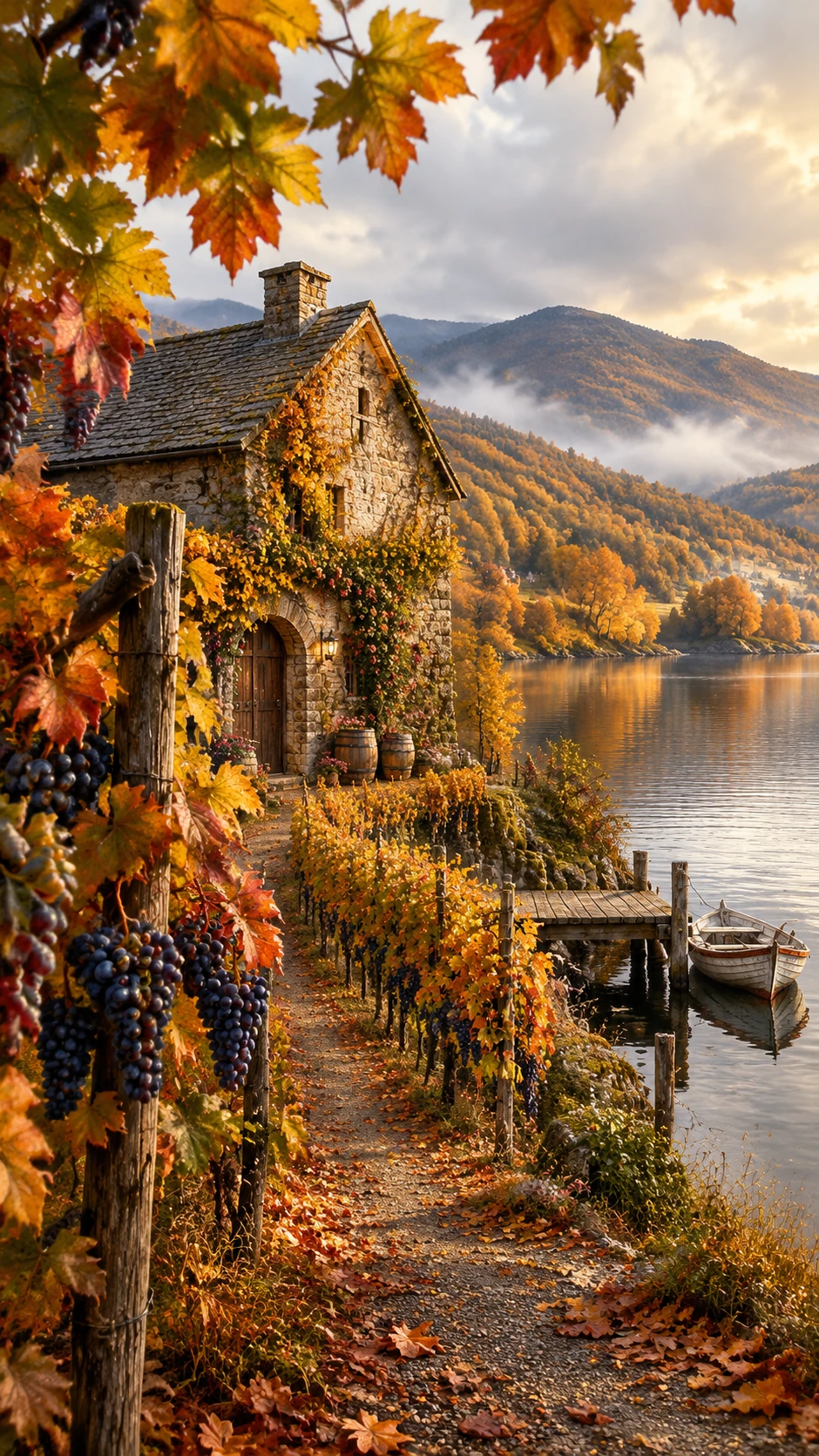 Autumn vineyard river scene with old stone wine cellar