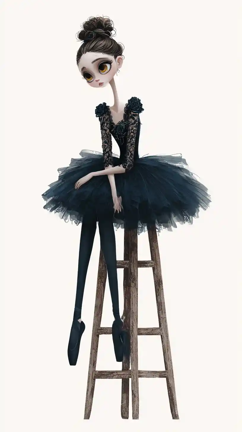 Melancholic ballerina on worn wooden stool in profile