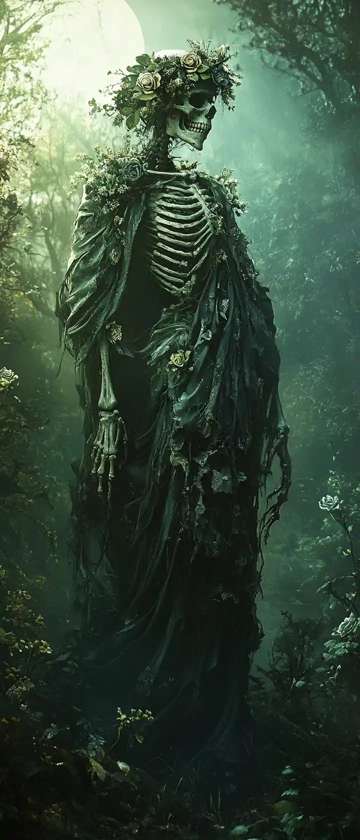 月光下雜草叢生花園中的虛幻骷髏女王