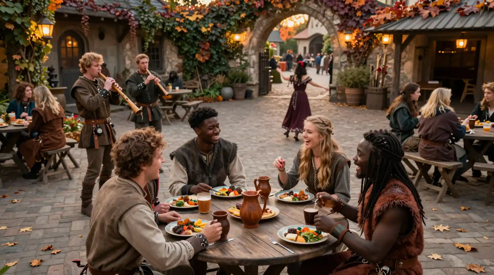 Friends sharing food in a fantasy tavern courtyard at sunset