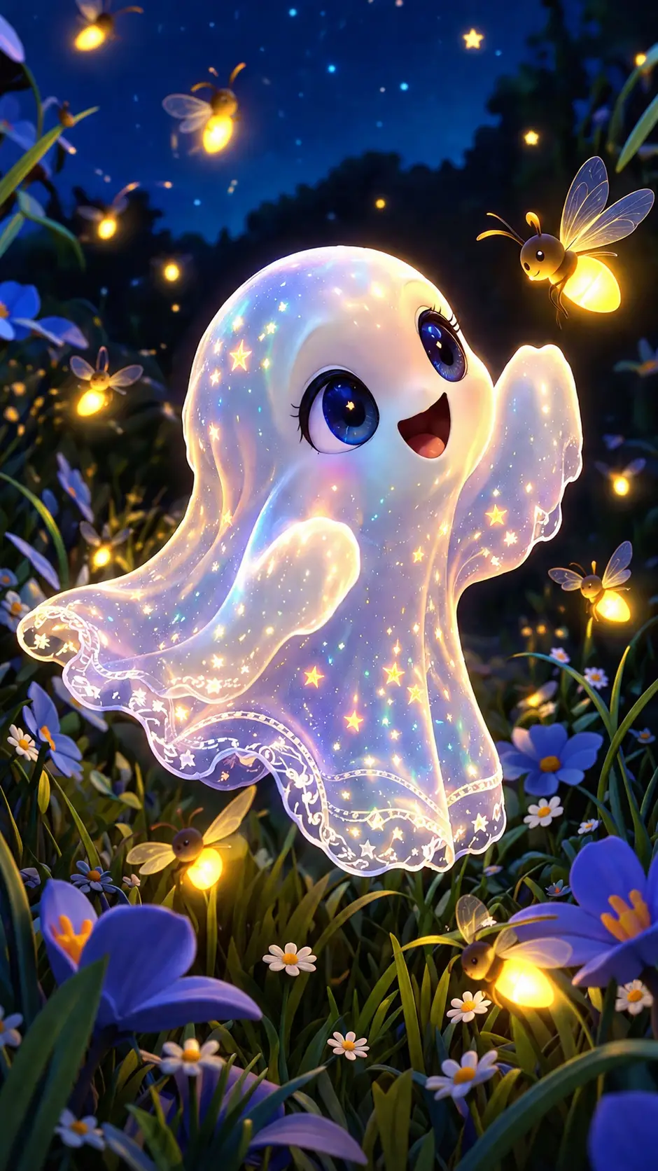 Spettrino luminoso e fiabesco che gioca in un prato incantato di lucciole