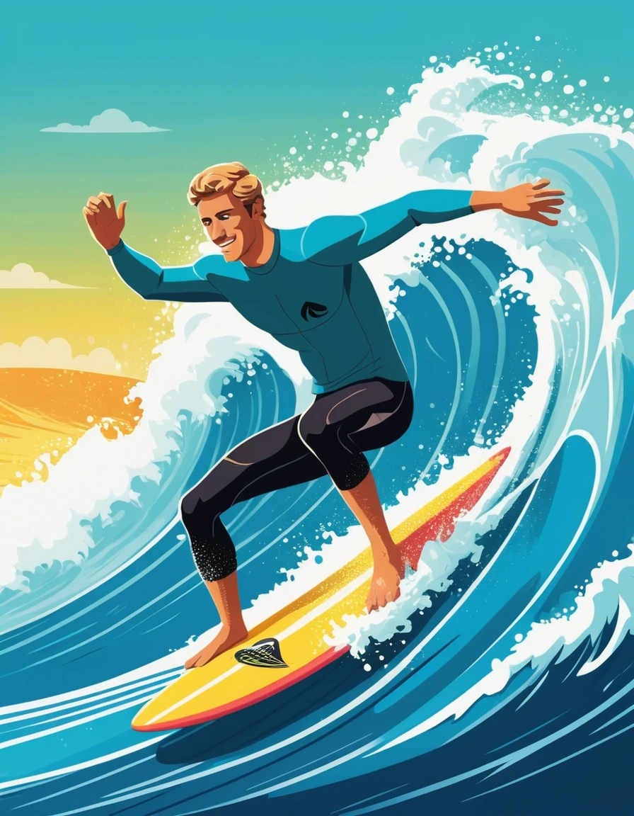 Colorful cartoon surfer riding a big sparkling ocean wave
