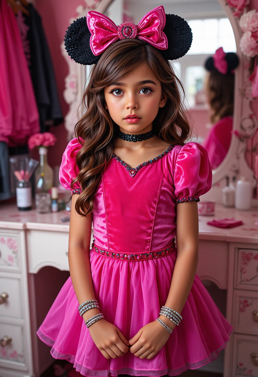 Garçon préadolescent nerveux en costume de princesse devant une coiffeuse rose